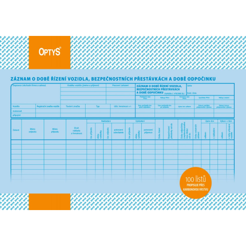 Záznam o době řízení vozidla, bezpečnostních přestávkách a době odpočinku A4 100 listů (OP 1174)
