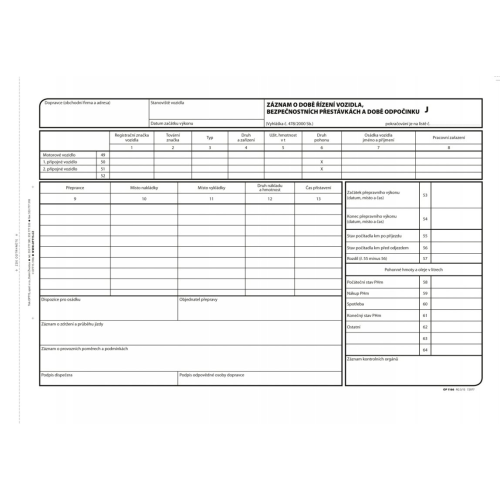 Záznam o době řízení vozidla, bezpečnostních přestávkách a době odpočinku číslovaný A4 100 listů (OP 1166)