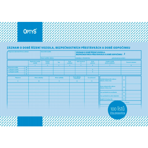 Záznam o době řízení vozidla, bezpečnostních přestávkách a době odpočinku číslovaný A4 100 listů (OP 1166)